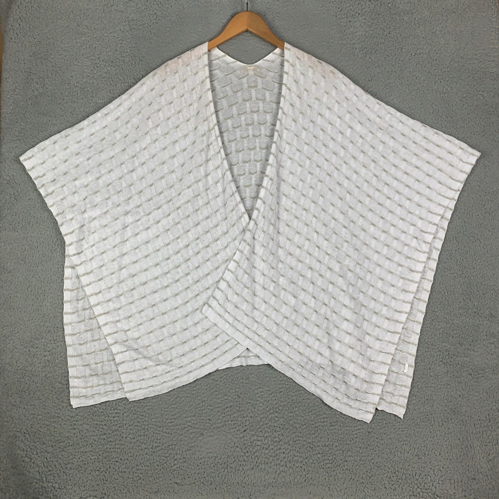 Eileen Fisher Organic Cotton Linen Poncho Women OS White Silver Basketweave Knit